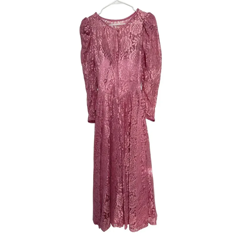 American vintage 70's pink lace prom Bridesmaid midi dress small